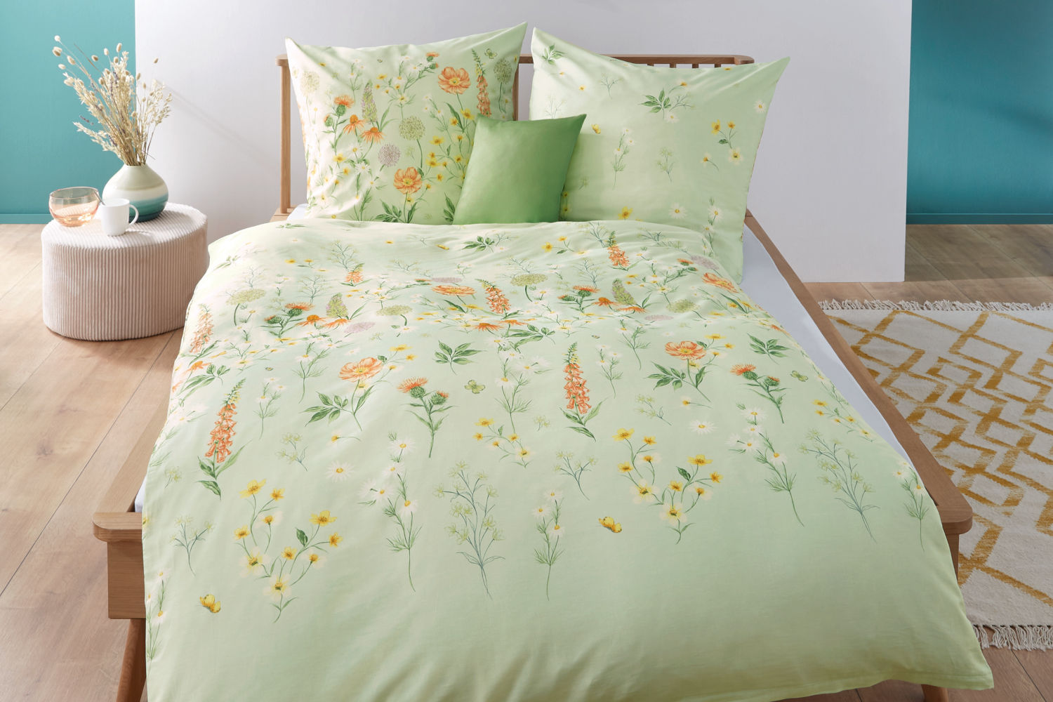 Kaeppel Mako-Satin Wiesenblume grün, Bettwäsche aus 100% Baumwolle, 135x200cm
